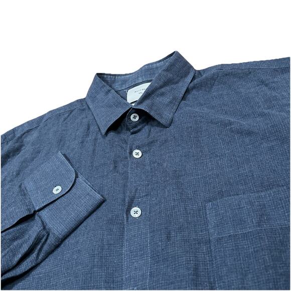 Billy Reid Shirt XXL Italy Made Blue Tonal Crosshatch Plaid Standard Fit Flaws - Picture 1 of 9